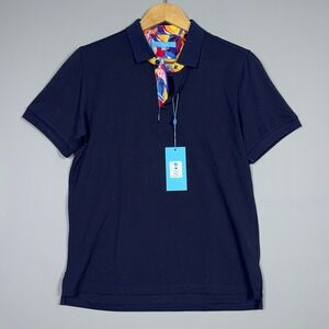 Perruzo Short Sleeve Polo Shirt Mens Size Medium Floral Trim Navy Blue‎